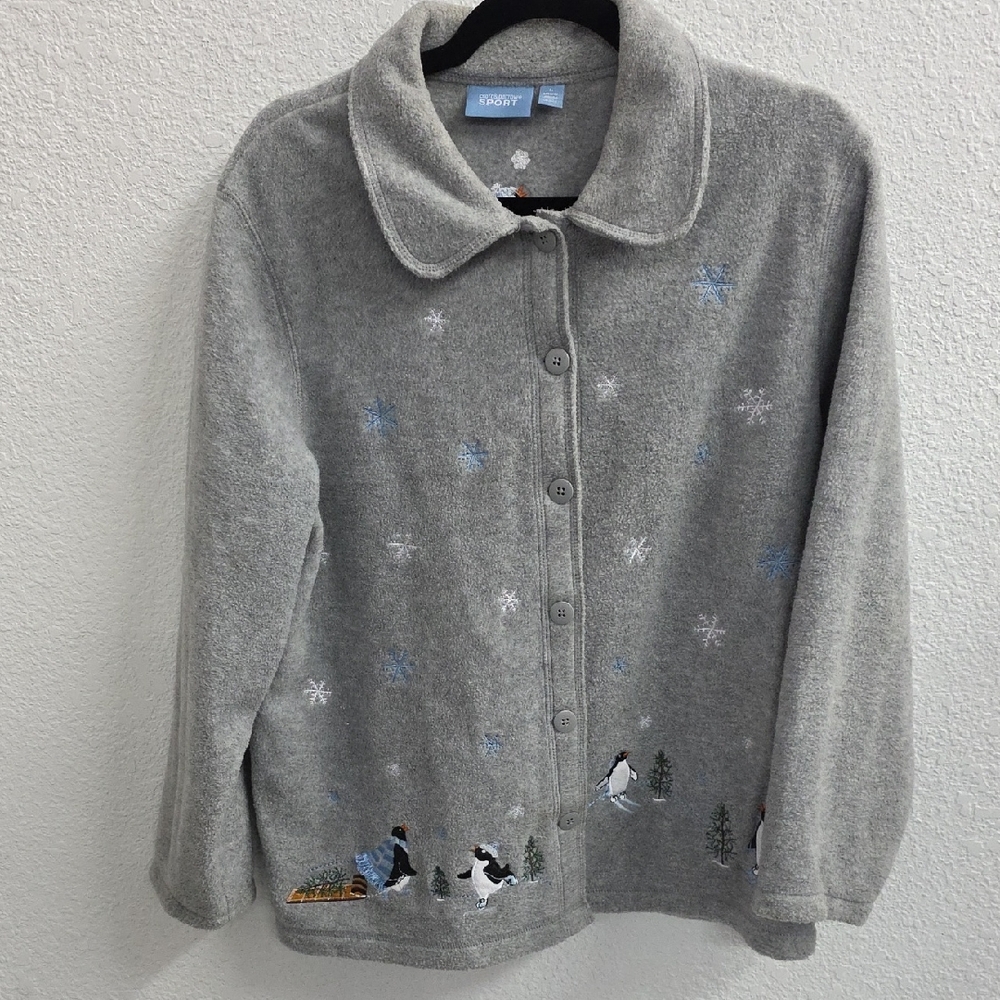 Croft & Barrow Grey Fleece Winter Penguins Snowflakes Embroidered Jacket Large